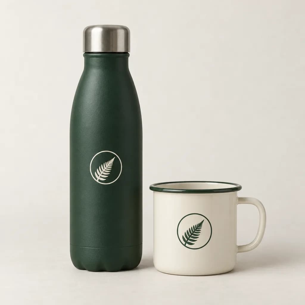 Forest green steel water bottle and cream enamel mug with the fernlight fern mark