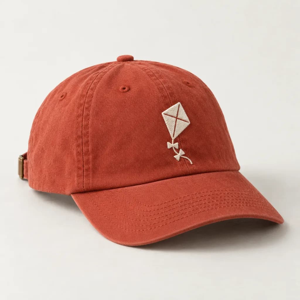 Washed red dad cap with a cream embroidered paper kite